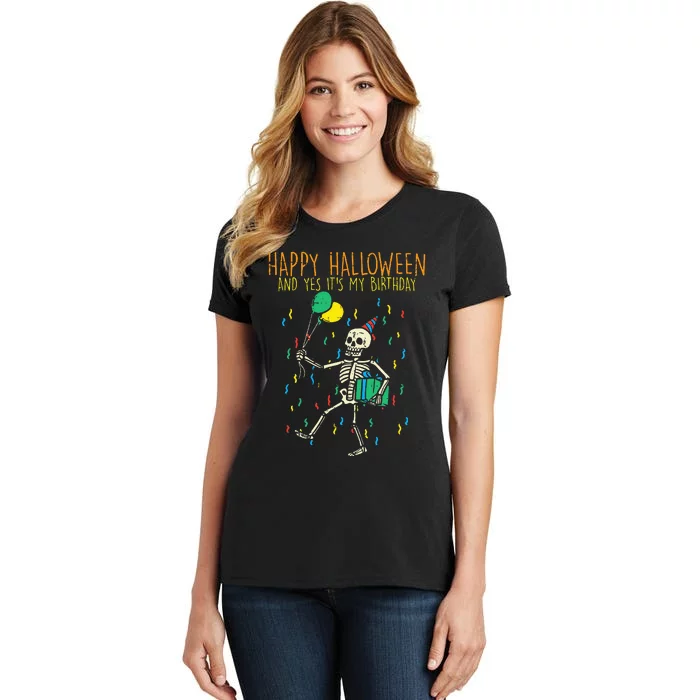 Spooky Birthday Celebration with Skeleton Design Women's T-Shirt