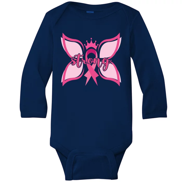 Strong Breast Cancer Awareness Butterfly Baby Long Sleeve Bodysuit