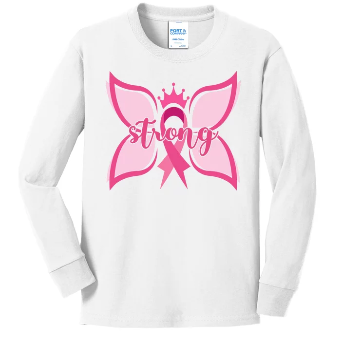 Strong Breast Cancer Awareness Butterfly Kids Long Sleeve Shirt