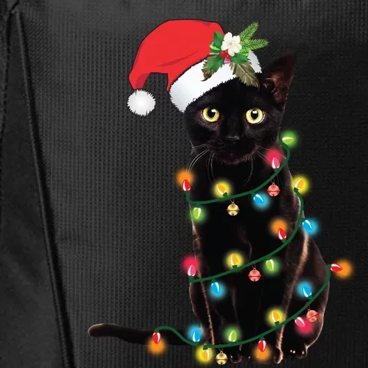 Santa Black Cat Tangled Up In Christmas Tree Lights Holiday Long Sleeve TShirt City Backpack