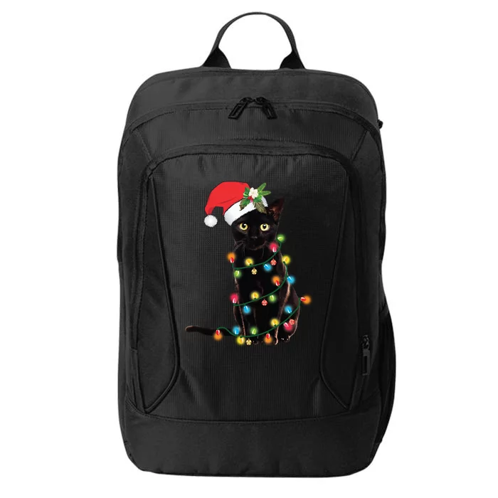 Santa Black Cat Tangled Up In Christmas Tree Lights Holiday Long Sleeve TShirt City Backpack