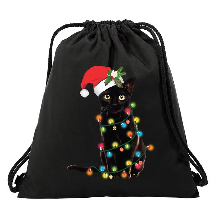 Santa Black Cat Tangled Up In Christmas Tree Lights Holiday Long Sleeve TShirt Drawstring Bag