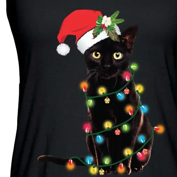 Santa Black Cat Tangled Up In Christmas Tree Lights Holiday Long Sleeve TShirt Ladies Essential Flowy Tank