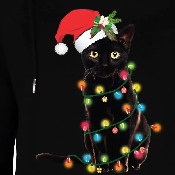 Santa Black Cat Tangled Up In Christmas Tree Lights Holiday Long Sleeve TShirt Womens Funnel Neck Pullover Hood