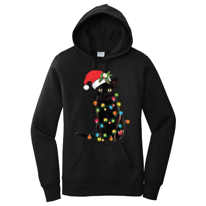 Santa Black Cat Tangled Up In Christmas Tree Lights Holiday Long Sleeve TShirt Women's Pullover Hoodie