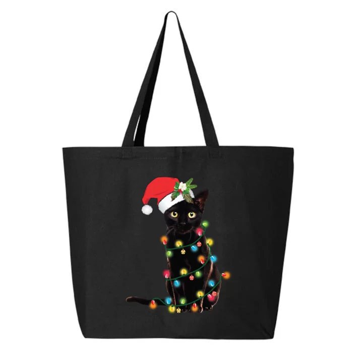 Santa Black Cat Tangled Up In Christmas Tree Lights Holiday Long Sleeve TShirt 25L Jumbo Tote