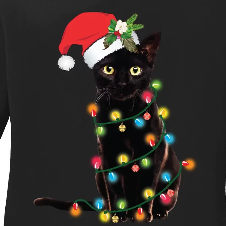 Santa Black Cat Tangled Up In Christmas Tree Lights Holiday Long Sleeve TShirt Ladies Long Sleeve Shirt