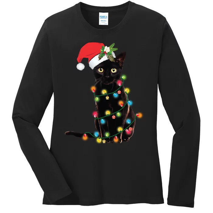 Santa Black Cat Tangled Up In Christmas Tree Lights Holiday Long Sleeve TShirt Ladies Long Sleeve Shirt