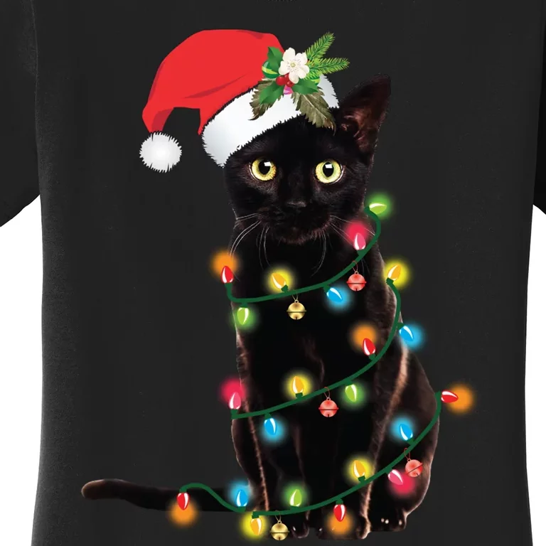 Santa Black Cat Tangled Up In Christmas Tree Lights Holiday Long Sleeve TShirt Women's T-Shirt