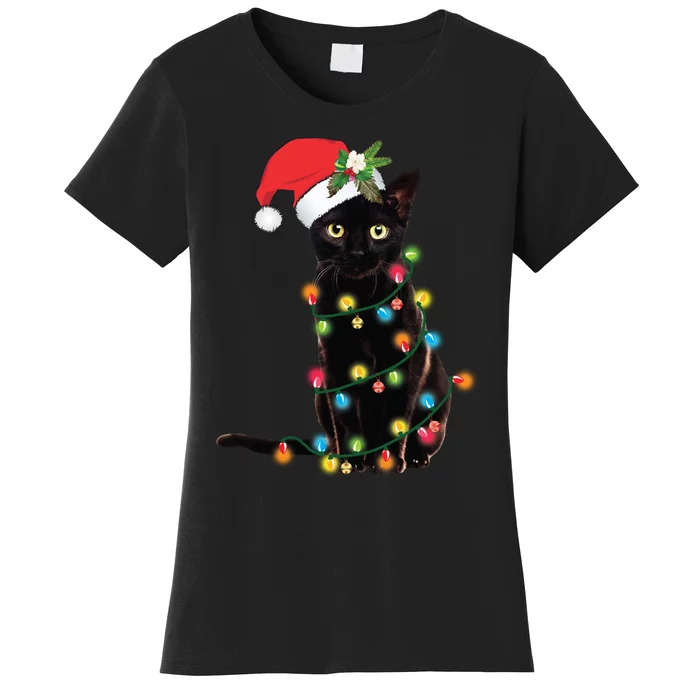 Santa Black Cat Tangled Up In Christmas Tree Lights Holiday Long Sleeve TShirt Women's T-Shirt