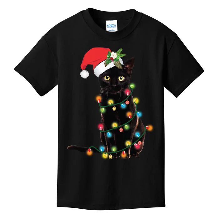 Santa Black Cat Tangled Up In Christmas Tree Lights Holiday Long Sleeve TShirt Kids T-Shirt