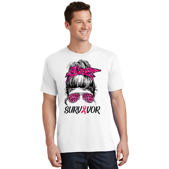 Survivor Breast Cancer Awareness Messy Bun Pink Ribbon T-Shirt