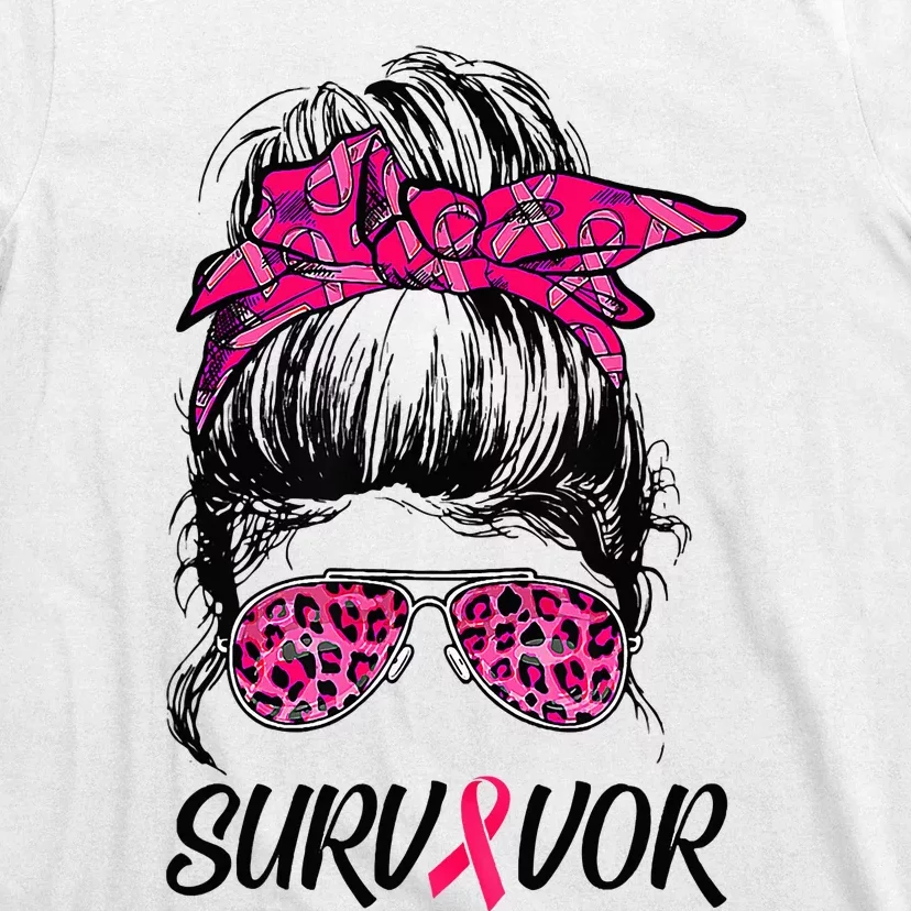 Survivor Breast Cancer Awareness Messy Bun Pink Ribbon T-Shirt