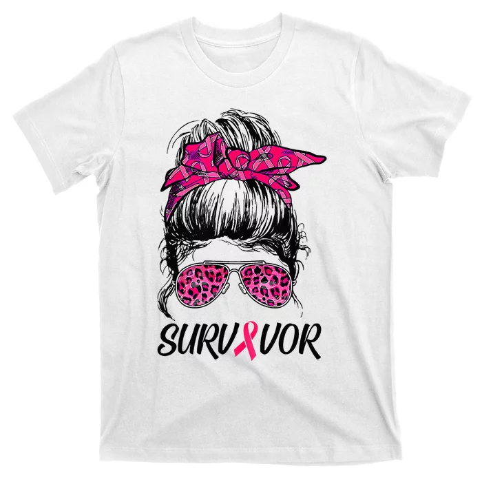 Survivor Breast Cancer Awareness Messy Bun Pink Ribbon T-Shirt