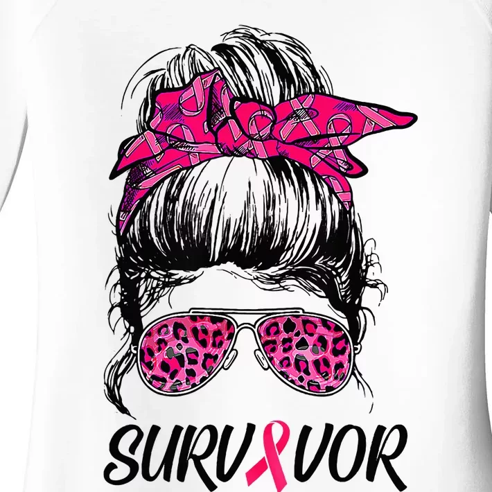 Survivor Breast Cancer Awareness Messy Bun Pink Ribbon Women's Perfect Tri Tunic Long Sleeve Shirt