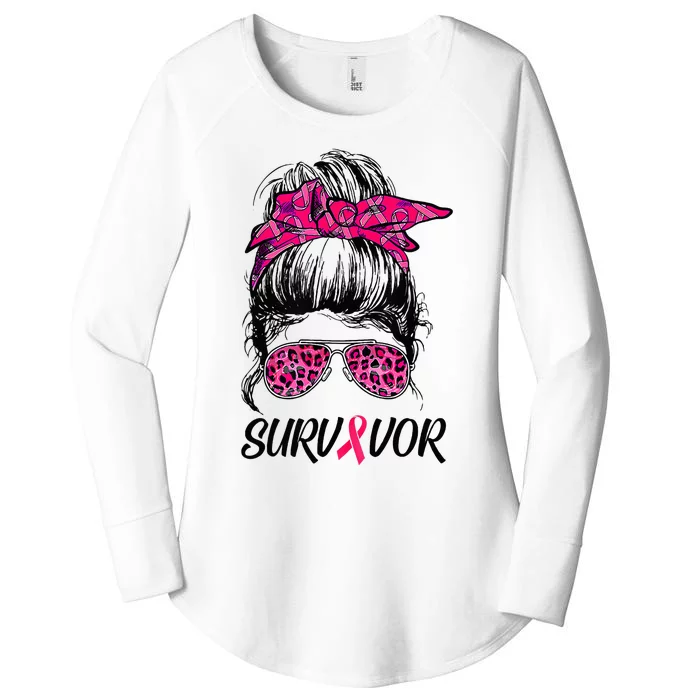 Survivor Breast Cancer Awareness Messy Bun Pink Ribbon Women's Perfect Tri Tunic Long Sleeve Shirt