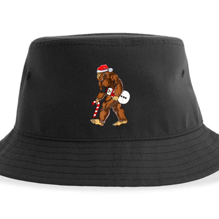 Santa Bigfoot Christmas Sasquatch With Snowman Candy Cane Sustainable Bucket Hat