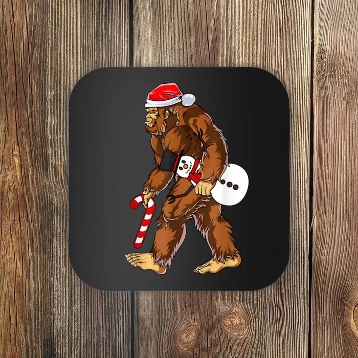 Santa Bigfoot Christmas Sasquatch With Snowman Candy Cane Coaster