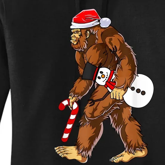 Santa Bigfoot Christmas Sasquatch With Snowman Candy Cane Women's Pullover Hoodie