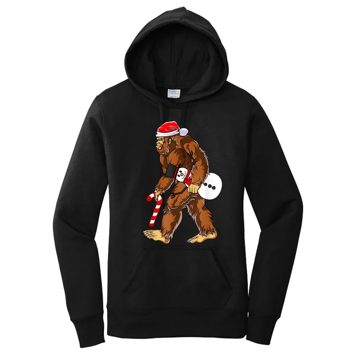 Santa Bigfoot Christmas Sasquatch With Snowman Candy Cane Women's Pullover Hoodie