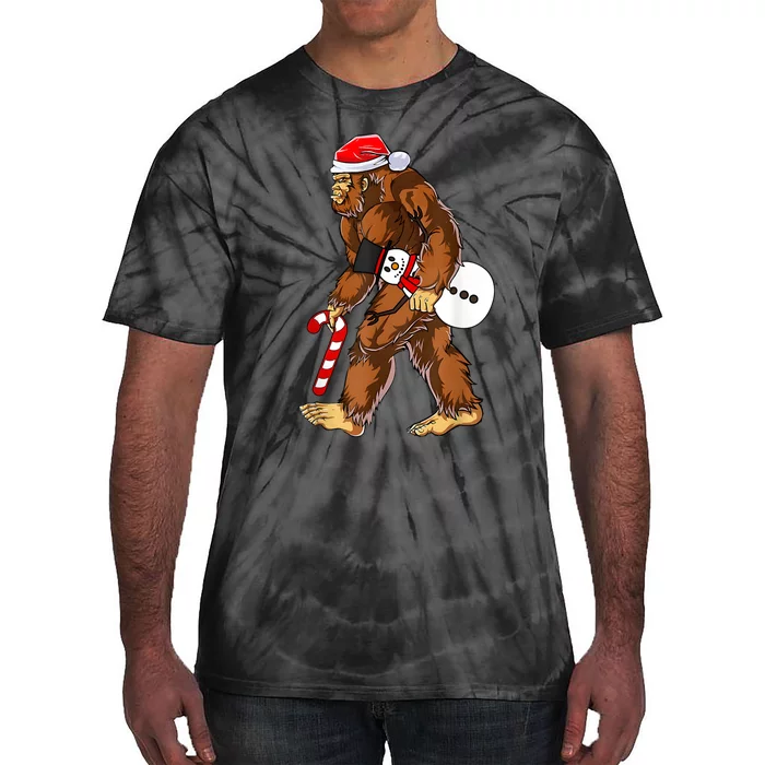 Santa Bigfoot Christmas Sasquatch With Snowman Candy Cane Tie-Dye T-Shirt