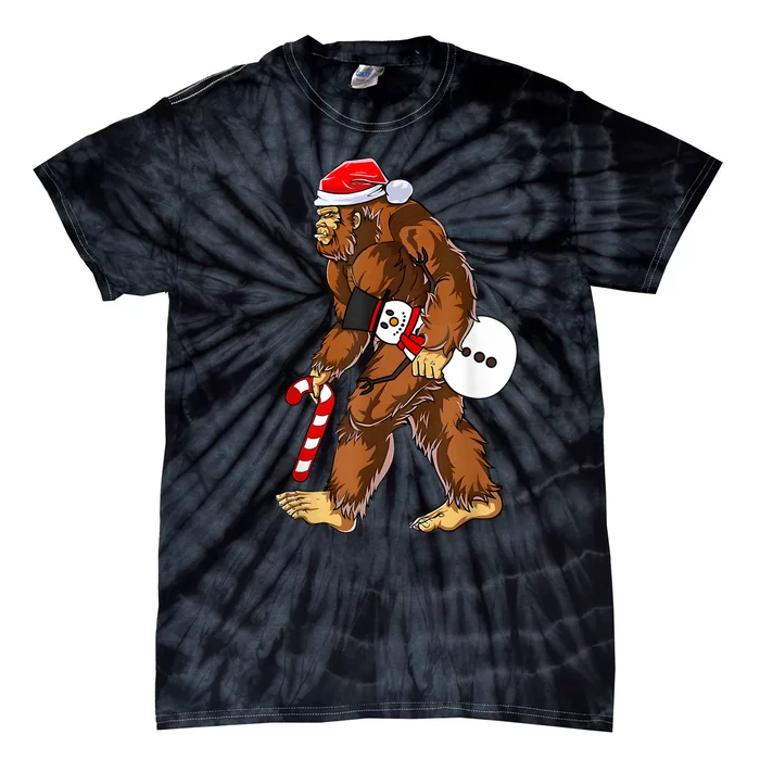 Santa Bigfoot Christmas Sasquatch With Snowman Candy Cane Tie-Dye T-Shirt