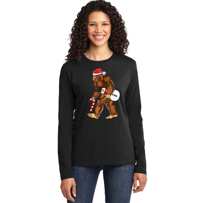 Santa Bigfoot Christmas Sasquatch With Snowman Candy Cane Ladies Long Sleeve Shirt