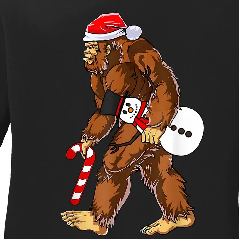 Santa Bigfoot Christmas Sasquatch With Snowman Candy Cane Ladies Long Sleeve Shirt