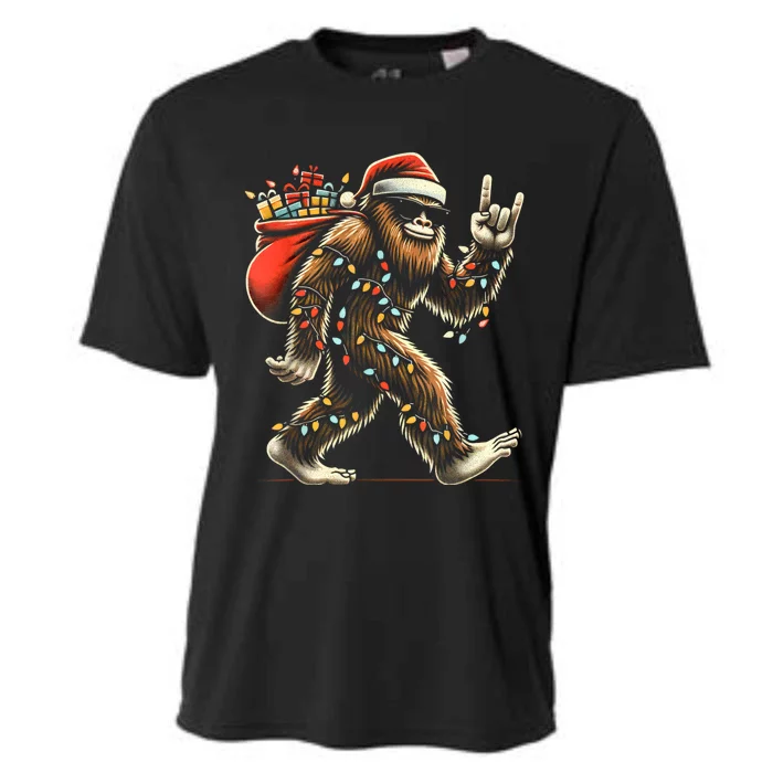 Santa Bigfoot Christmas Lights Funny Sasquatch Believe Cooling Performance Crew T-Shirt