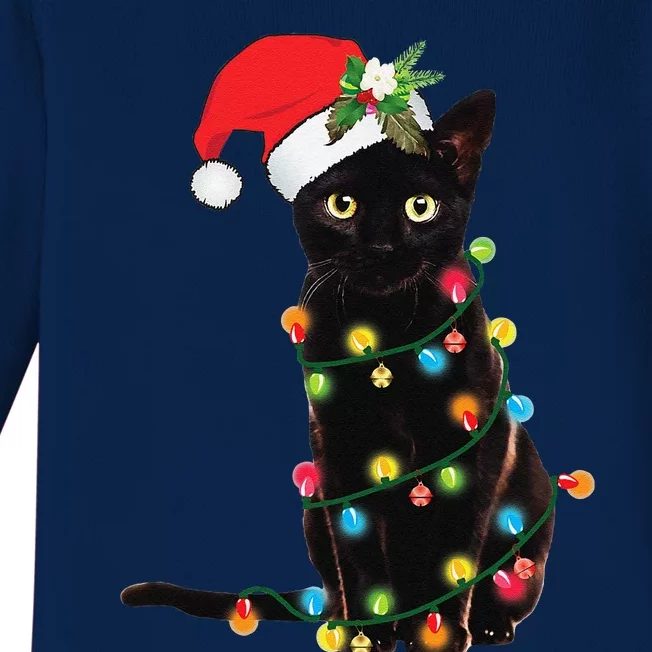 Santa Black Cat Tangled Up In Christmas Tree Lights Holiday Baby Long Sleeve Bodysuit