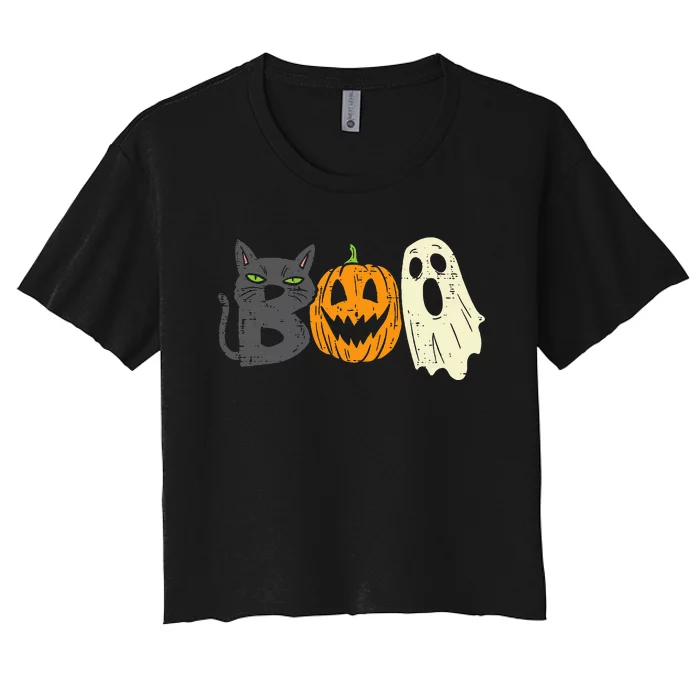 Spooky Black Cat Pumpkin Funny Halloween Decor Women's Crop Top Tee