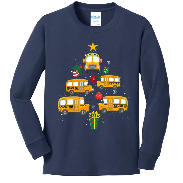 School Bus Christmas Tree Funny Boys Girls Xmas Pajama Kids Long Sleeve Shirt