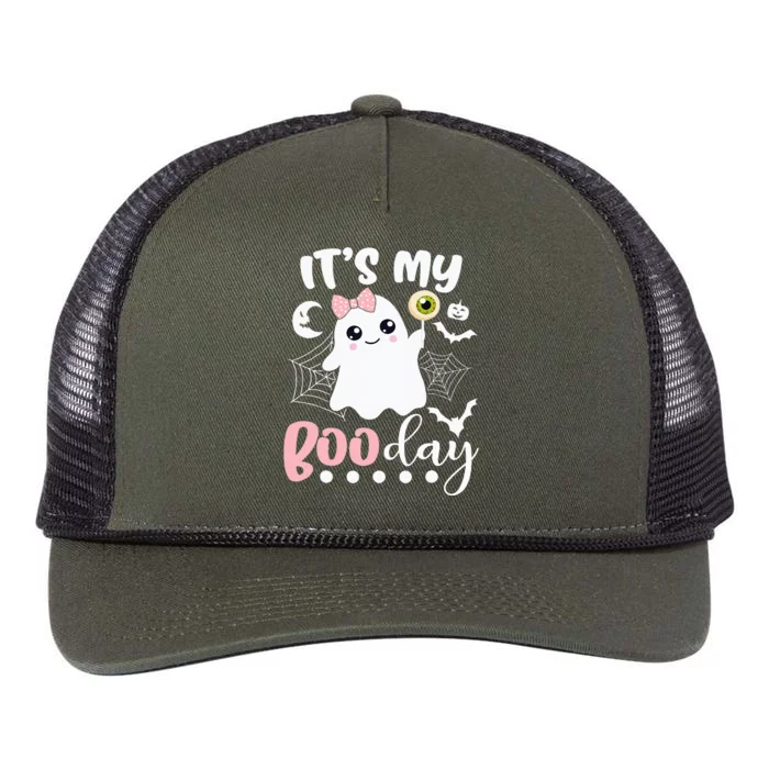 Spooky Birthday Celebration: Cute Ghost with Pink Bow Retro Rope Trucker Hat Cap