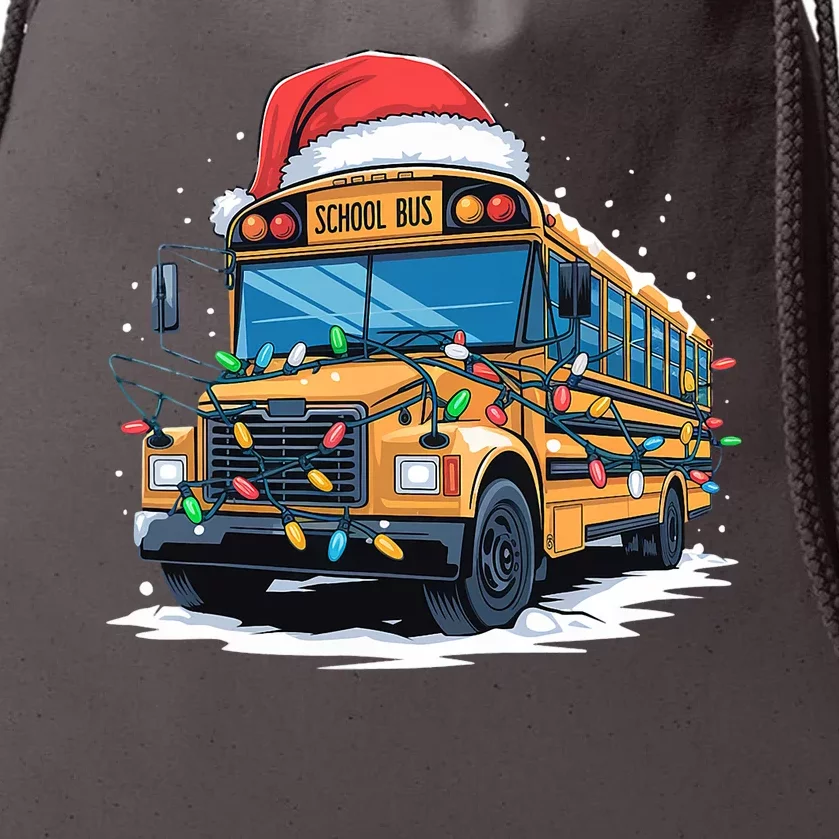 School Bus Christmas Tree Cute Santa Hat Lights Xmas Drawstring Bag