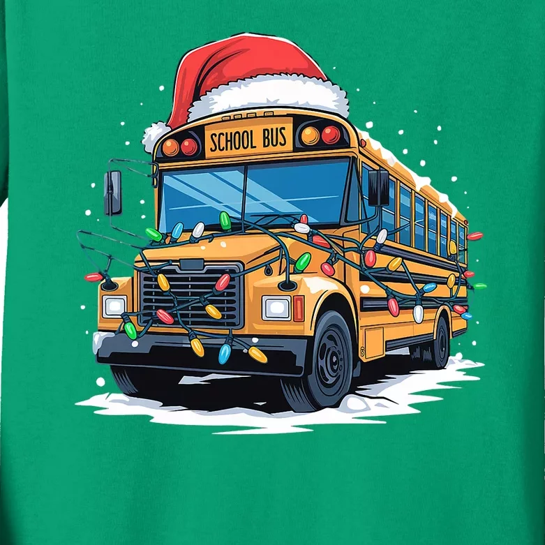 School Bus Christmas Tree Cute Santa Hat Lights Xmas Kids Long Sleeve Shirt