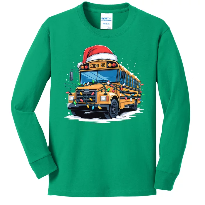 School Bus Christmas Tree Cute Santa Hat Lights Xmas Kids Long Sleeve Shirt