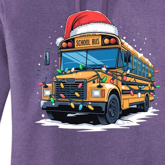 School Bus Christmas Tree Cute Santa Hat Lights Xmas Women's Pullover Hoodie