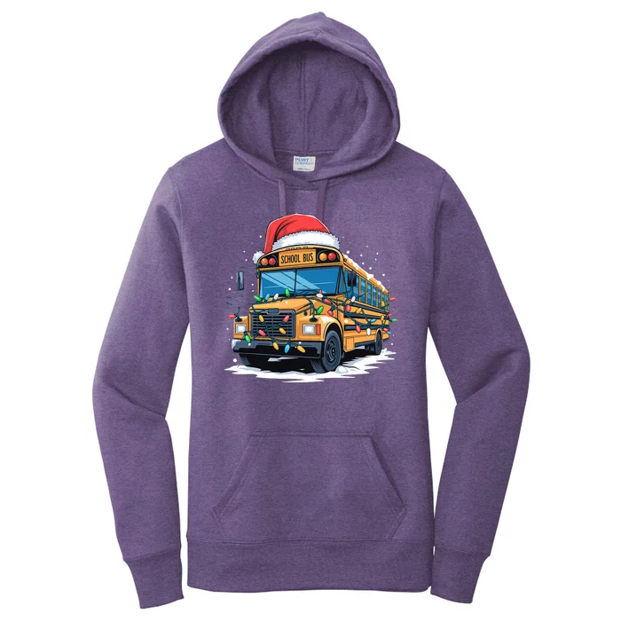 School Bus Christmas Tree Cute Santa Hat Lights Xmas Women's Pullover Hoodie