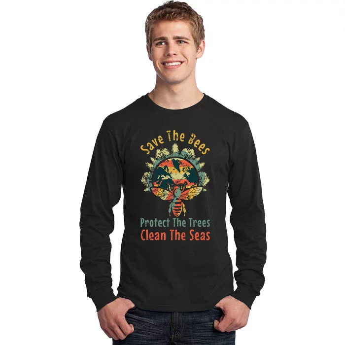 Save Bees Clean Sea Save Nature Oceans Day Vintage Earth Day Tall Long Sleeve T-Shirt