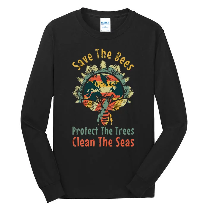 Save Bees Clean Sea Save Nature Oceans Day Vintage Earth Day Tall Long Sleeve T-Shirt