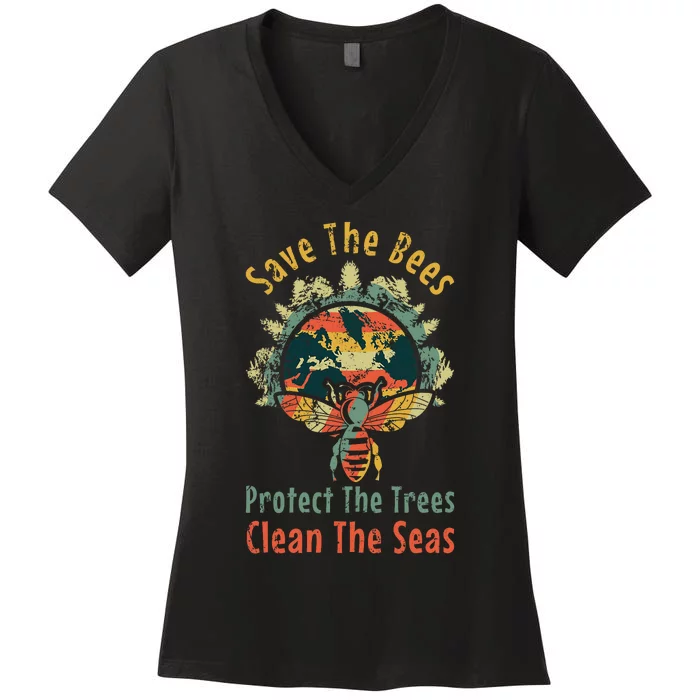 Save Bees Clean Sea Save Nature Oceans Day Vintage Earth Day Women's V-Neck T-Shirt