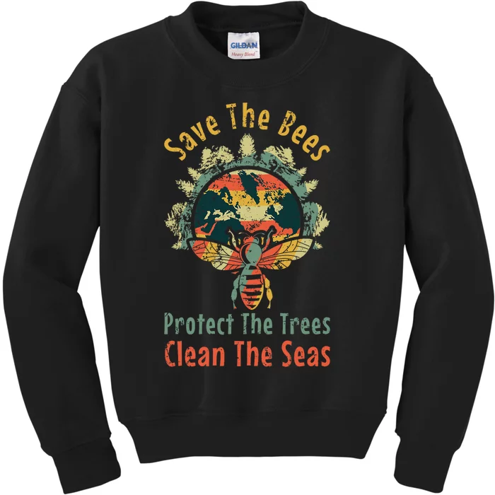 Save Bees Clean Sea Save Nature Oceans Day Vintage Earth Day Kids Sweatshirt