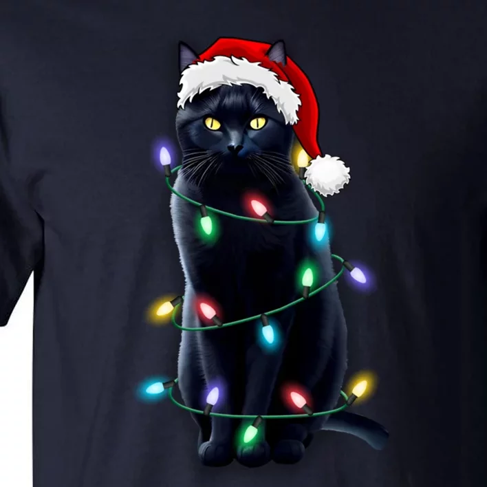 Santa Black Cat Tangled Up In Christmas Tree Lights Holiday Gift Tall T-Shirt