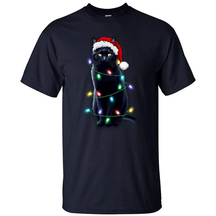 Santa Black Cat Tangled Up In Christmas Tree Lights Holiday Gift Tall T-Shirt