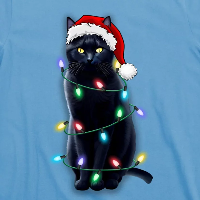 Santa Black Cat Tangled Up In Christmas Tree Lights Holiday Gift T-Shirt