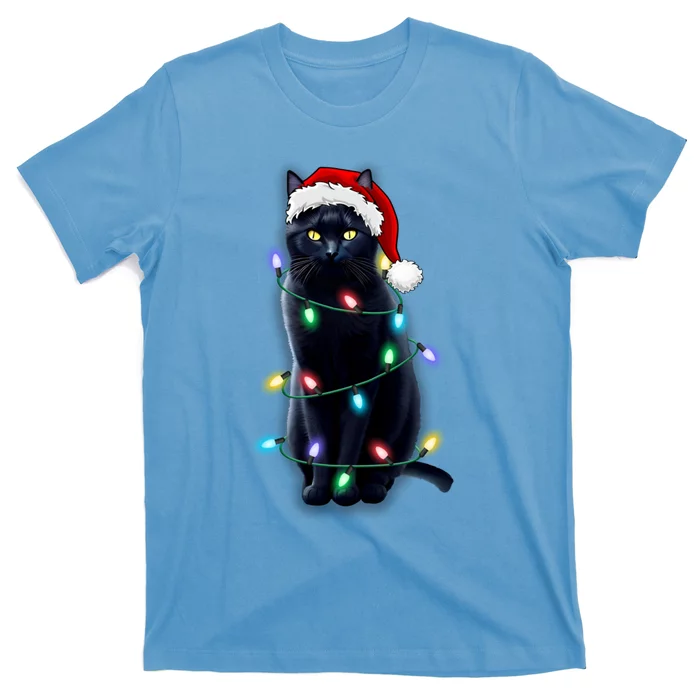 Santa Black Cat Tangled Up In Christmas Tree Lights Holiday Gift T-Shirt