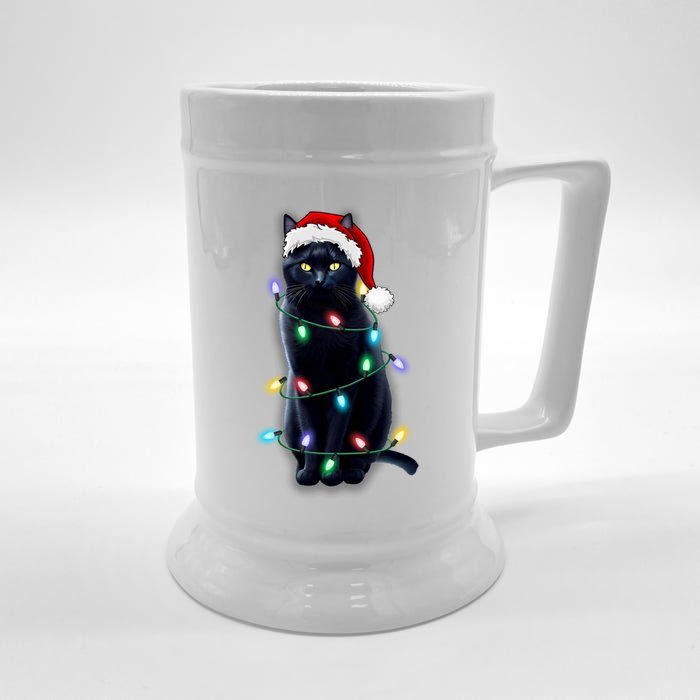 Santa Black Cat Tangled Up In Christmas Tree Lights Holiday Gift Front & Back Beer Stein