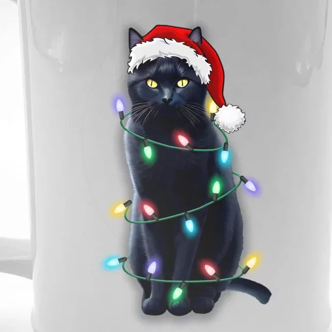 Santa Black Cat Tangled Up In Christmas Tree Lights Holiday Gift Front & Back Beer Stein