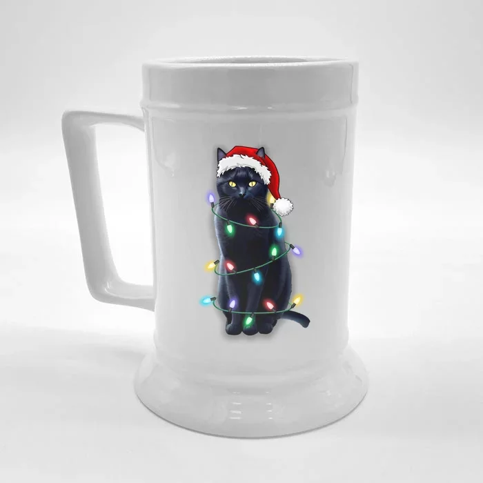 Santa Black Cat Tangled Up In Christmas Tree Lights Holiday Gift Front & Back Beer Stein