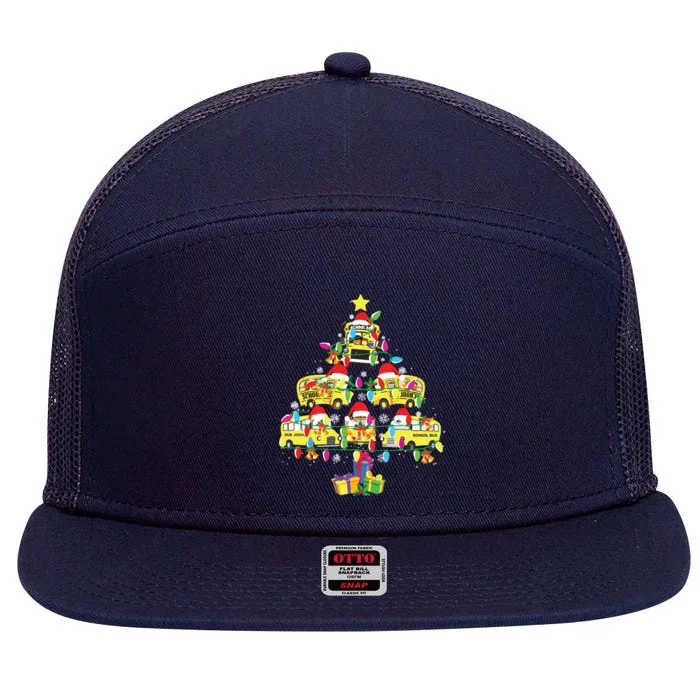 School Bus Christmas Tree Funny Santa Bus Driver 7 Panel Mesh Trucker Snapback Hat